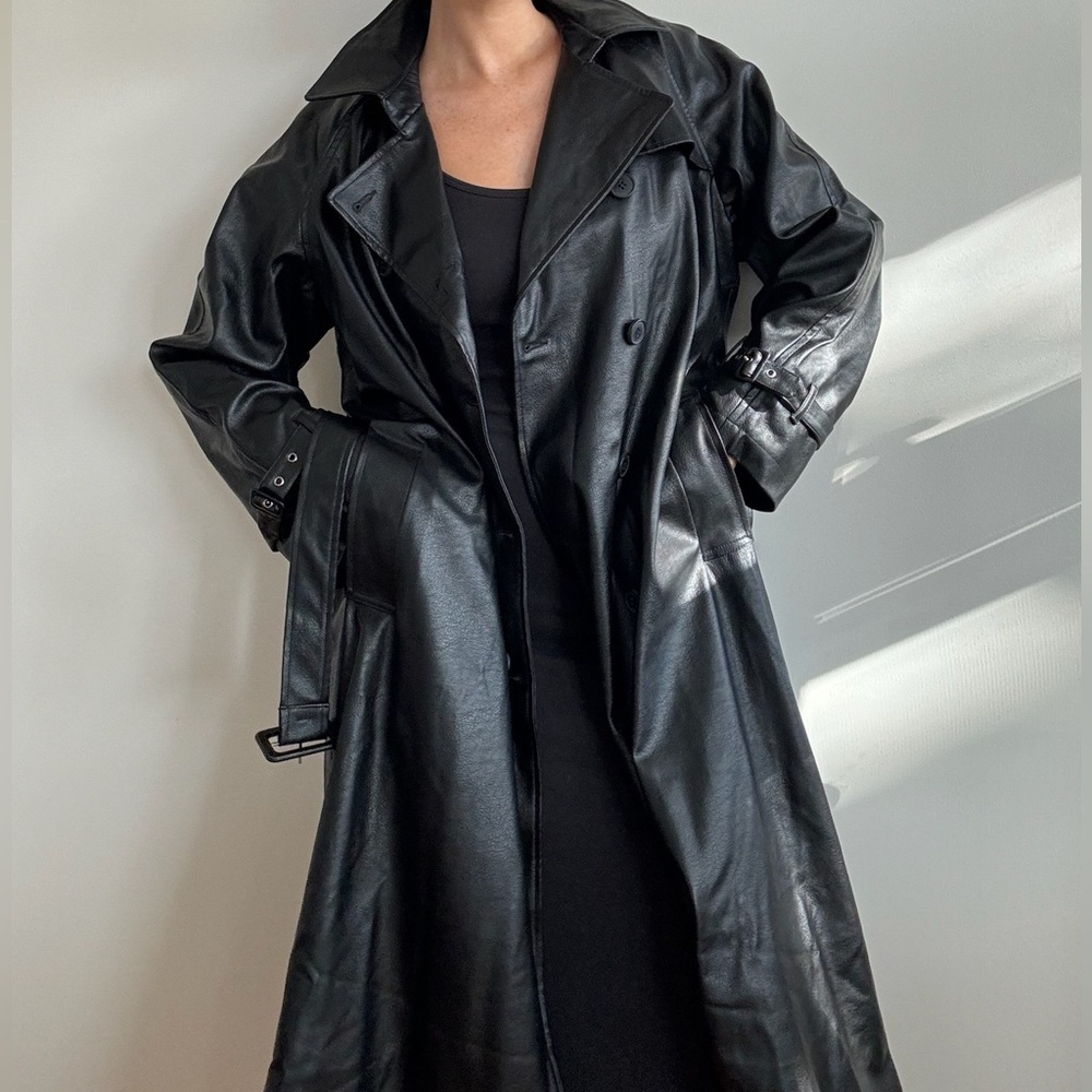 Urban Outfitters Black Faux Leather Trench Coat with Belt